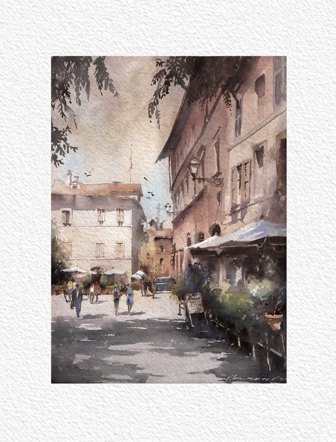 Rain is coming. Watercolor. Orvieto, Italy